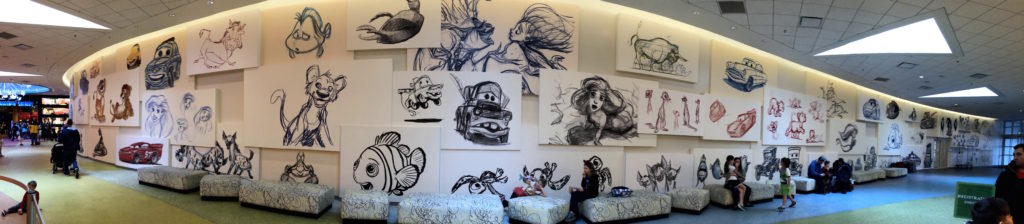 Disney character sketches line the walls of the Art of Animation lobby at Walt Disney World Resort