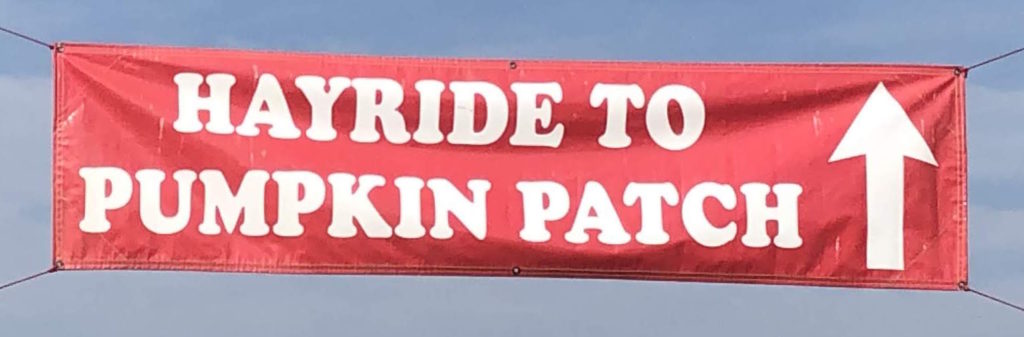 large banner that reads "Hayride to Pumpkin Patch" and points straight ahead