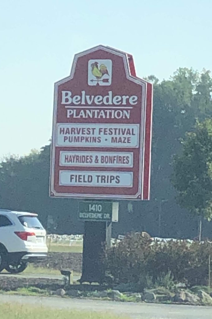 an entry sign reads "Belvedere Plantation: Harvest Festival, pumpkins, maze, hayrides and bonfires, field trips"