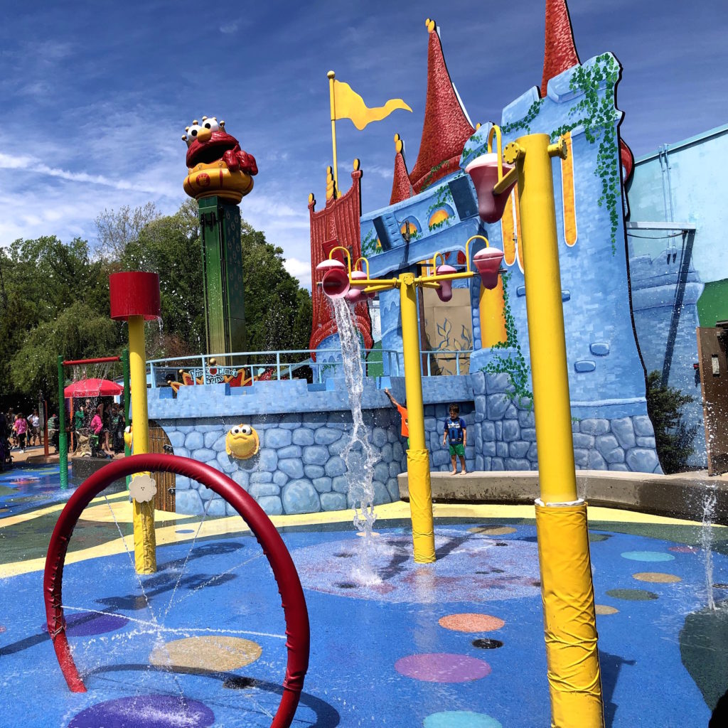 sprays of water surround the splash pad at Elmo's Castle