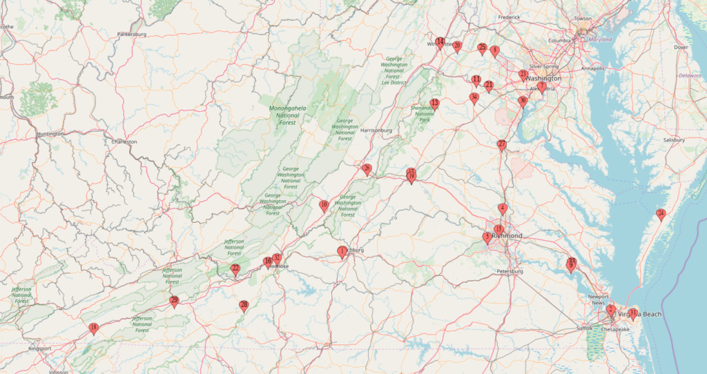 a map of Virginia with markers at each local yarn shop