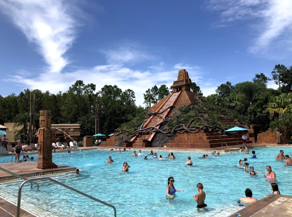 The Dig Site pool, water feature, water slide, and Mesoamerican pyramid