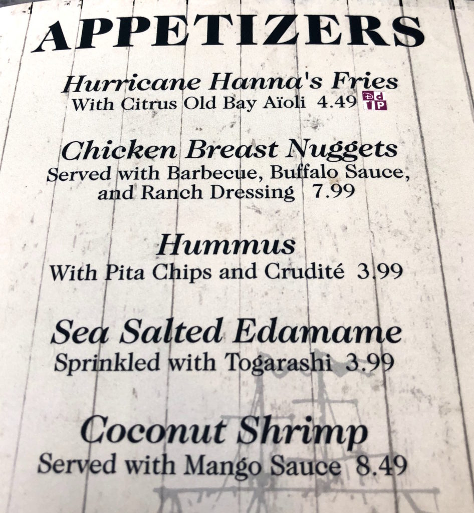 a menu featuring appetizers: fries, nuggets, hummus, edamame, and shrimp