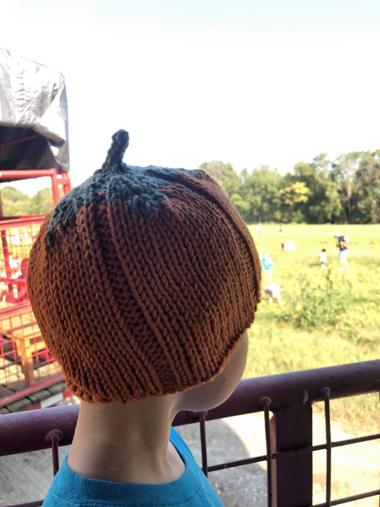 a boy in a knitted pumpkin hat looks out to a pumpkin patch