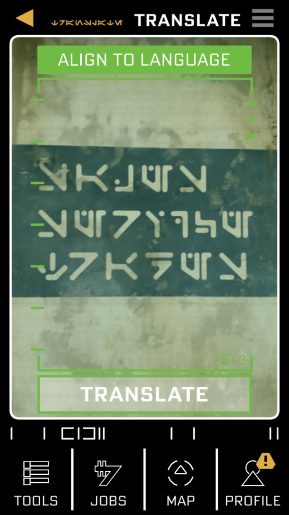 a screenshot of the Star Wars Datapad that translates Aurebesh to English