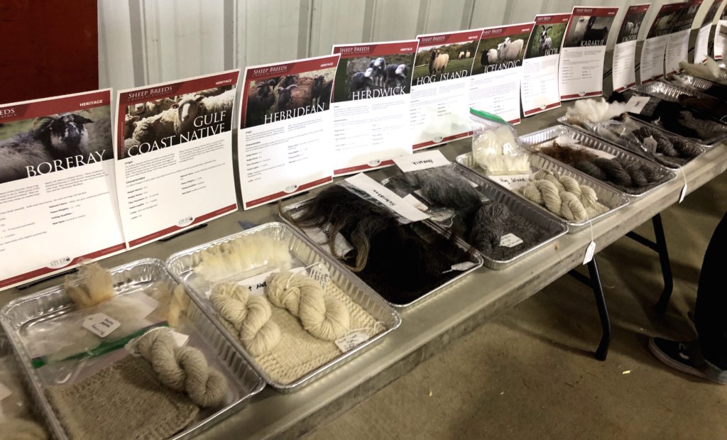 several trays display the wool of various sheep breeds, the yarn made from it, and swatches knit from the yarn