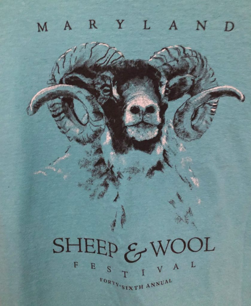 the Maryland Sheep & Wool 2019 t-shirt features a sheep with curved horns