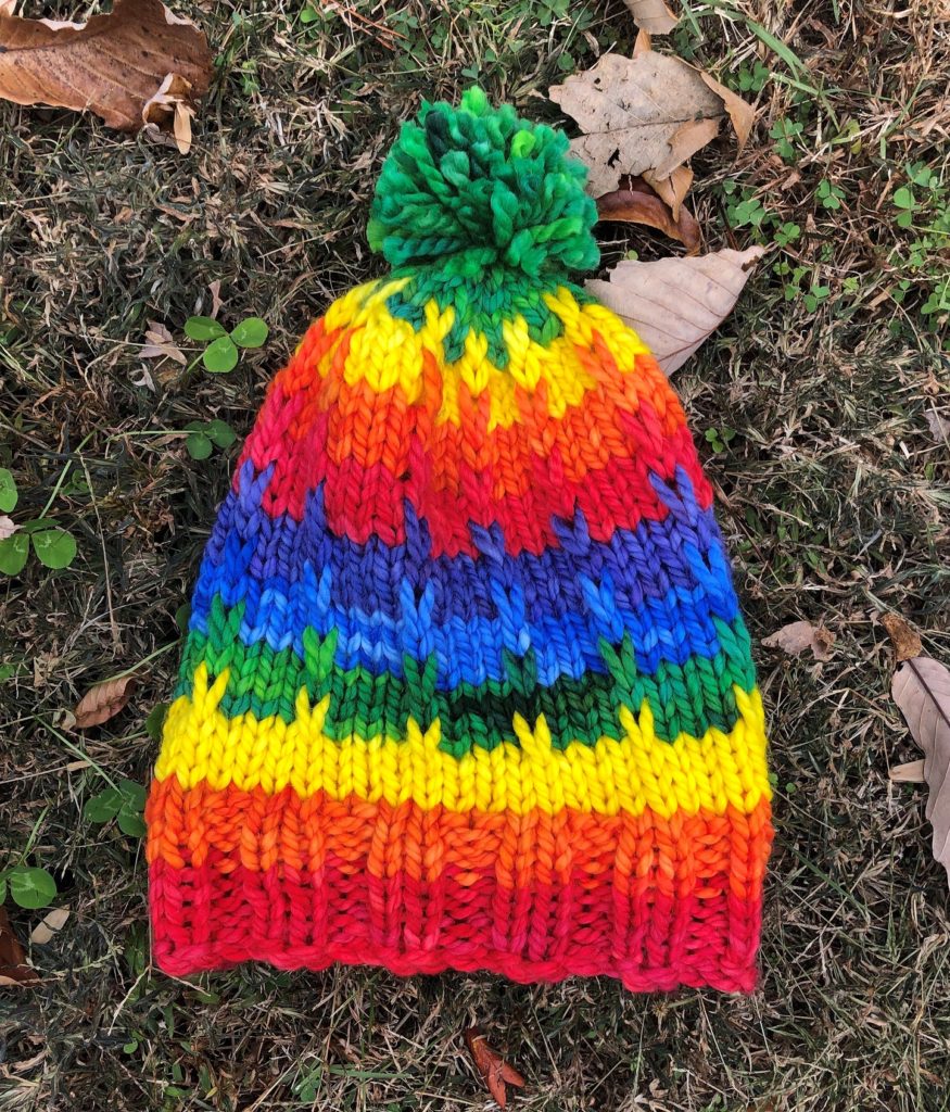 a rainbow knitted hat with a green pompom rests in the grass with fall leaves