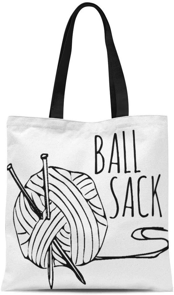 a tote with yarn and knitting needles that reads "BALL SACK"