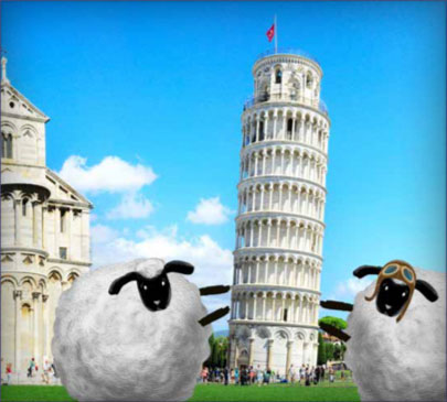 two cartoon sheep pose in front of the Leaning Tower of Pisa, propping it up