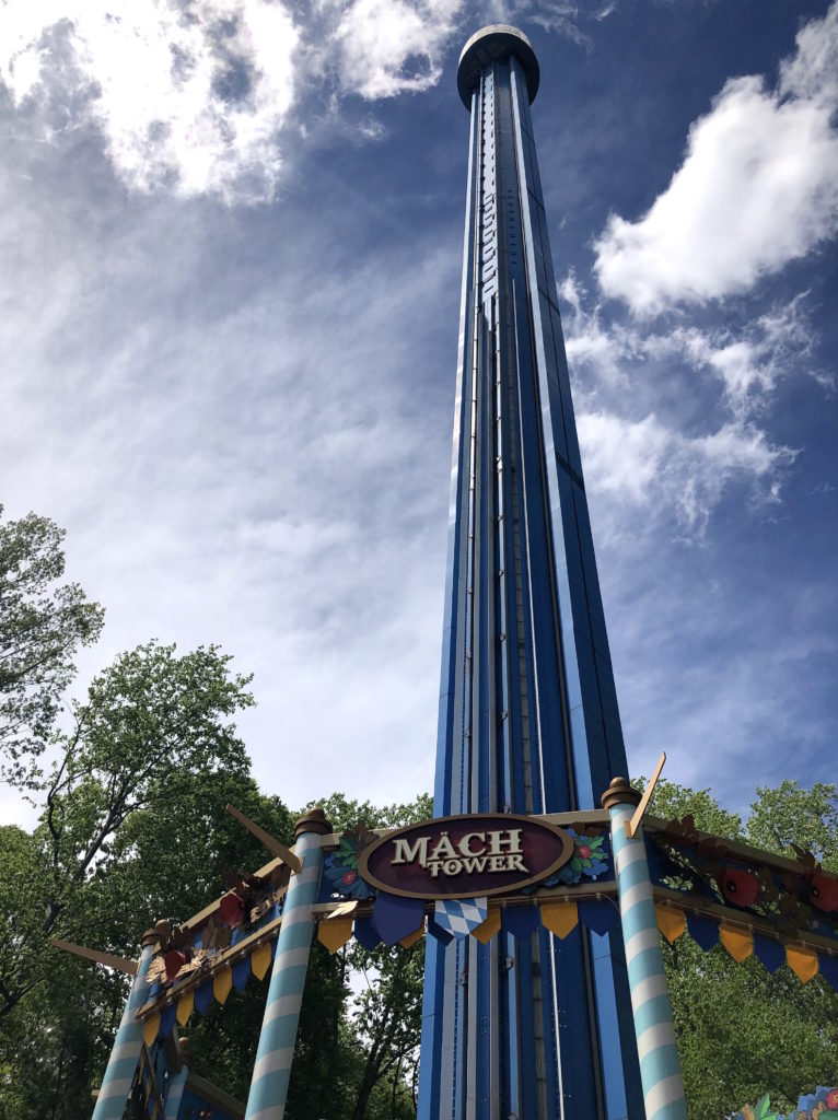 the Mach Tower thrill ride overlooks Busch Gardens Williamsburg's Christmas Town
