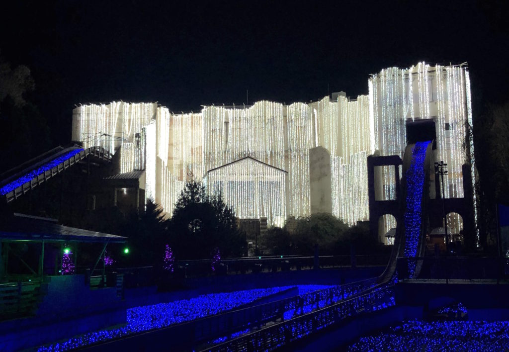holiday lights cover Escape from Pompeii at Busch Gardens Williamsburg's Christmas Town