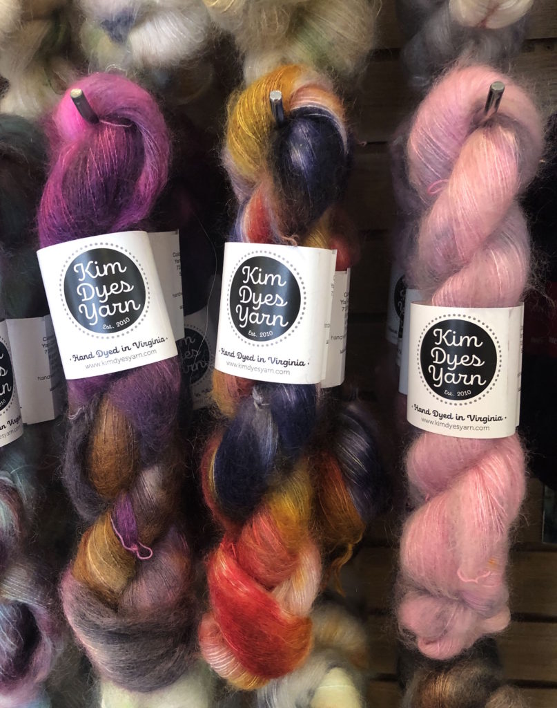 skeins of local yarn bear the label "Kim Dyes Yarn"