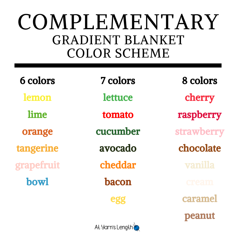 graphic that reads: Complementary Gradient Blanket Color Scheme 6 colors: lemon, lime, orange, tangerine, grapefruit, bowl 7 colors: lettuce, tomato, cucumber, avocado, cheddar, bacon, egg 8 colors: cherry, raspberry, strawberry, chocolate, vanilla, cream, caramel, peanut