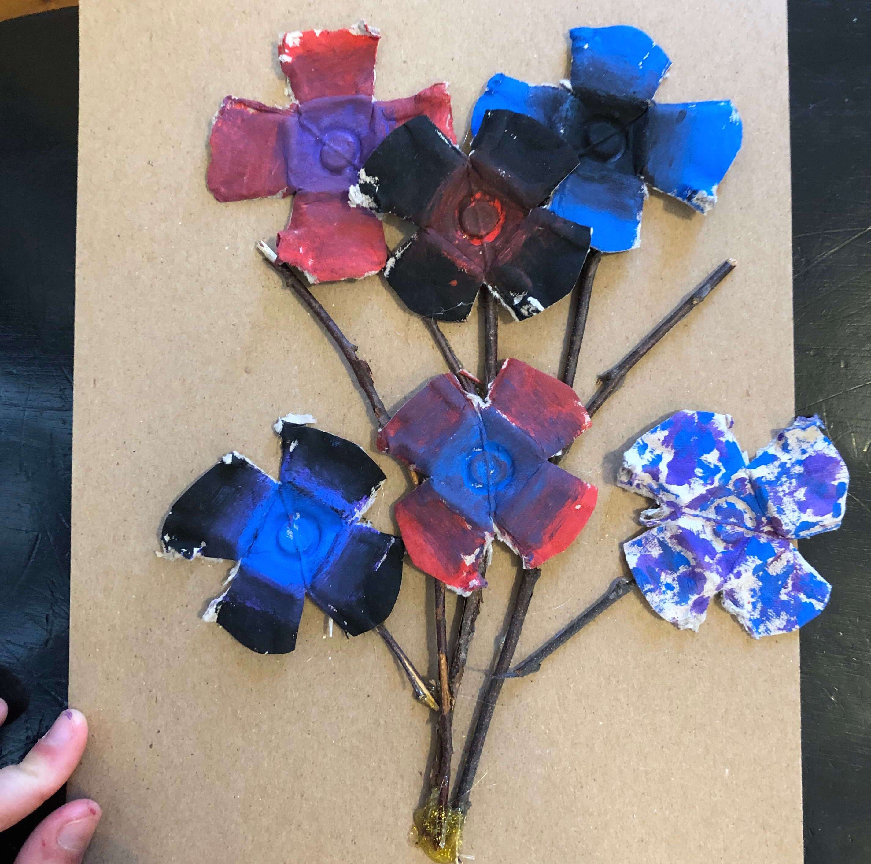 painted egg carton flowers and stems