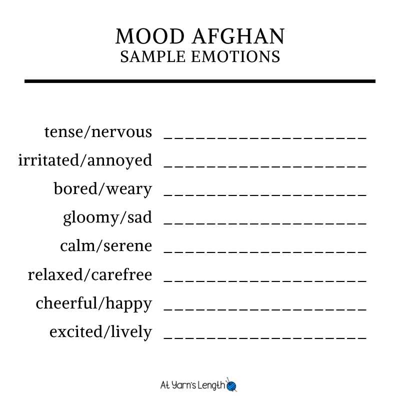 a fill-in-the-blank chart that reads: Mood Afghan Sample Emotions tense/nervous (blank) irritated/annoyed (blank) bored/weary (blank) gloomy/sad (blank) calm/serene (blank) relaxed/carefree (blank) cheerful/happy (blank) excited/lively (blank)