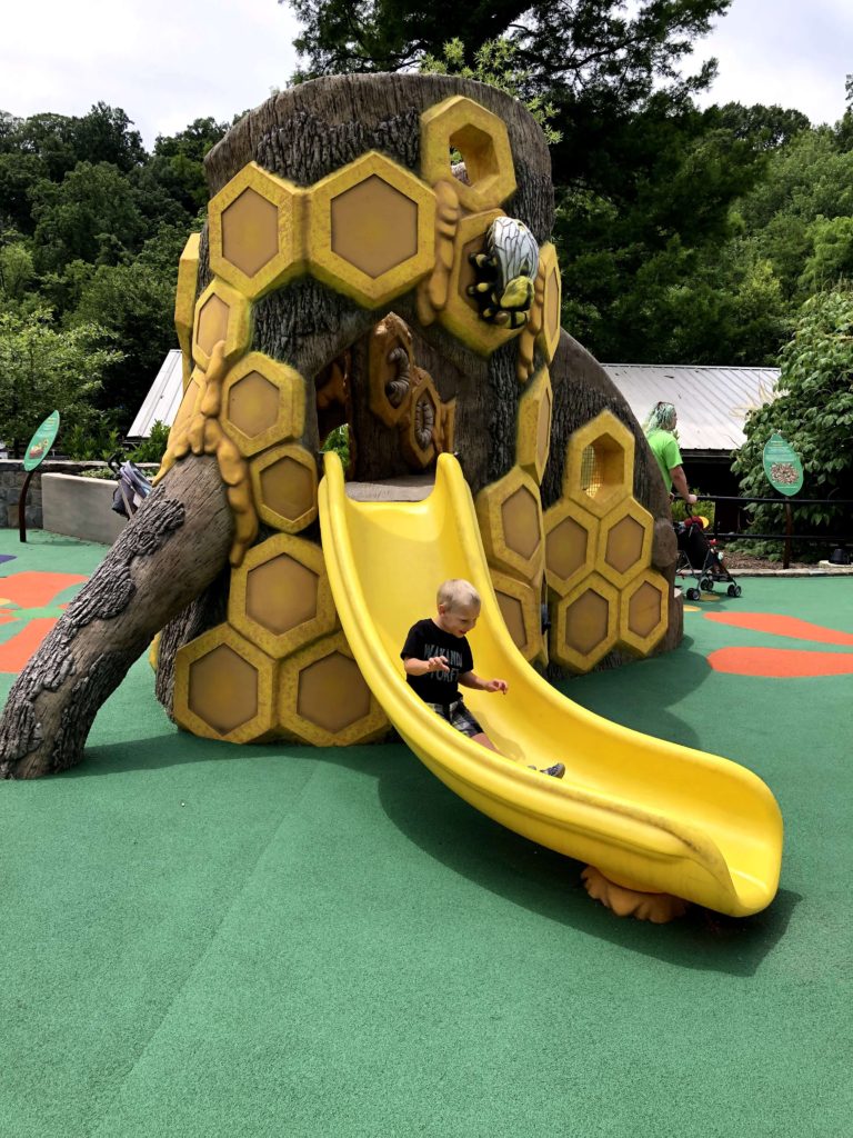 a boy slides out of a beehive-themed playground structure