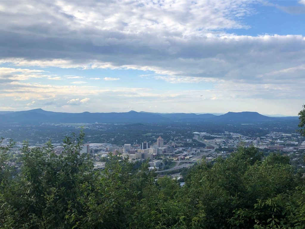 a view of the Roanoke Valley, city of Roanoke, and surrounding Blue Ridge Mountains from the Roanoke Star