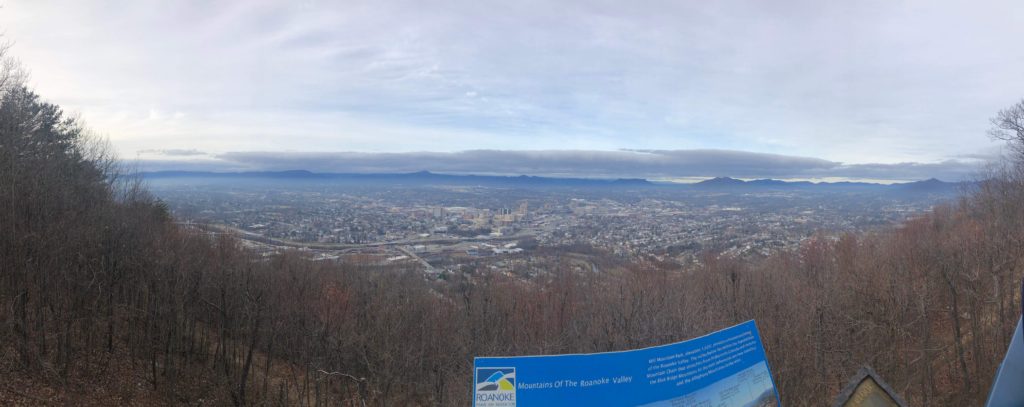 a panoramic view of the Roanoke Valley, city of Roanoke, and surrounding Blue Ridge Mountains from the Roanoke Star
