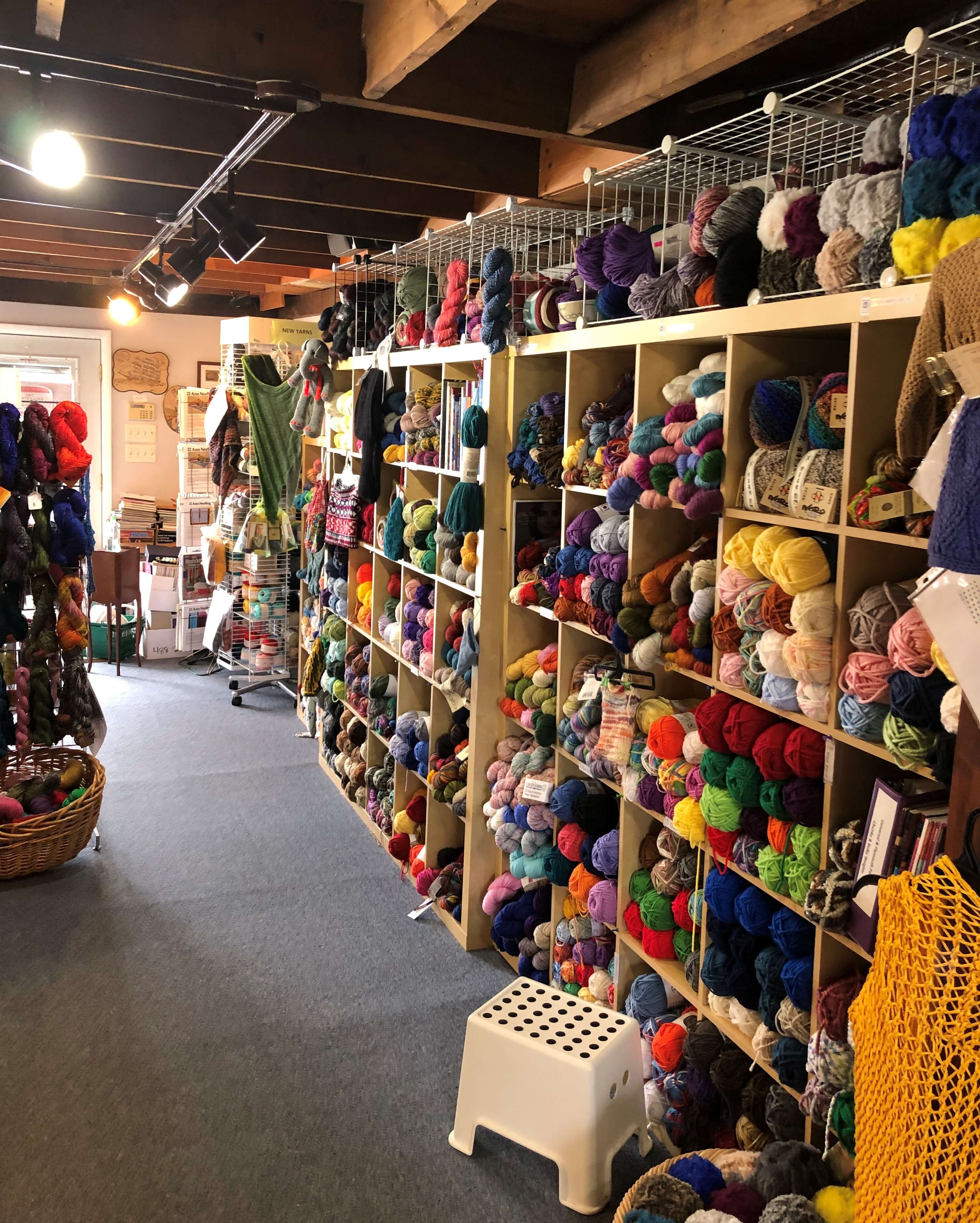 knitting magazines, notions, and yarn on display at Yarn Cloud