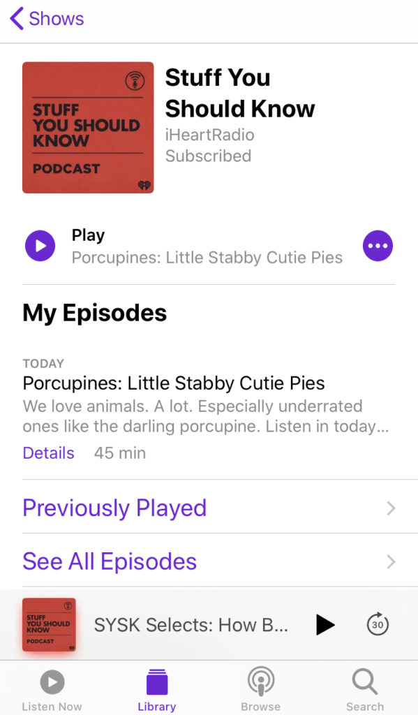 a screenshot of Apple Podcasts shows Stuff You Should Know