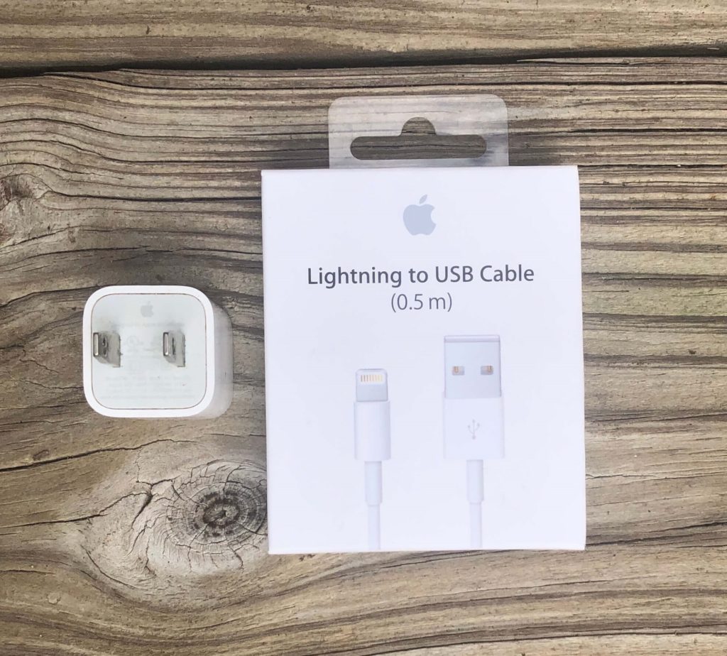 an Apple lightning to USB cable and wall charger