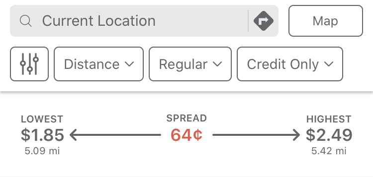 a screenshot of Gas Buddy shows a difference of 64 cents per gallon between gas prices in a 5-mile radius