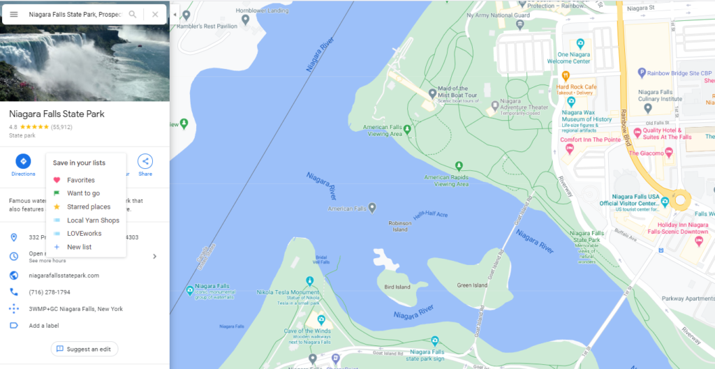 a screenshot of Google maps at Niagara Falls shows how to add a favorite place to your account