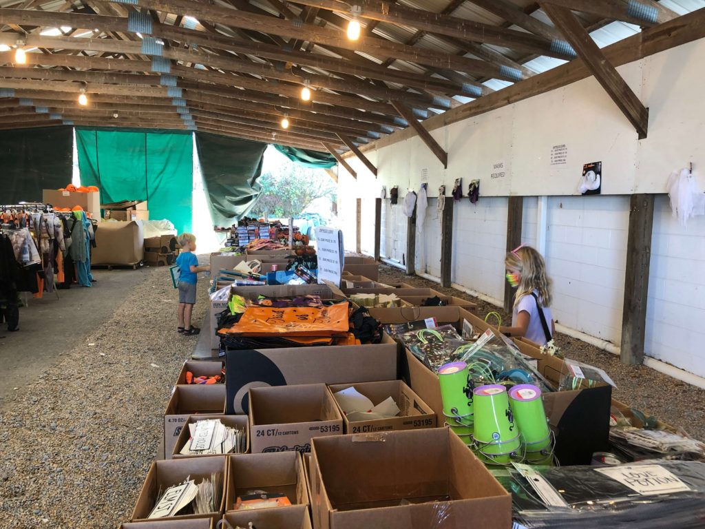 two children browse Halloween costumes and accessories in a large outdoor pavilion