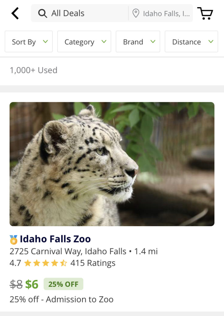a screenshot of Groupon shows events at the Idaho Falls Zoo