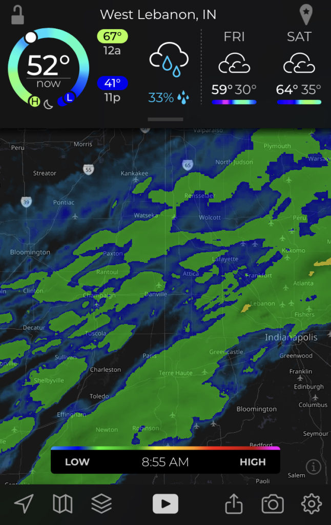 a screenshot of My Radar shows a storm approaching West Lebanon, Indiana