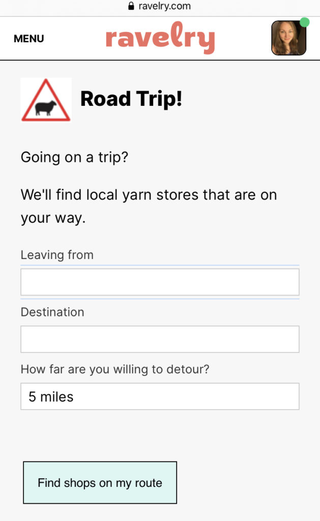 a screenshot of the Ravelry road trip site, which makes it easy to find yarn shops nearby