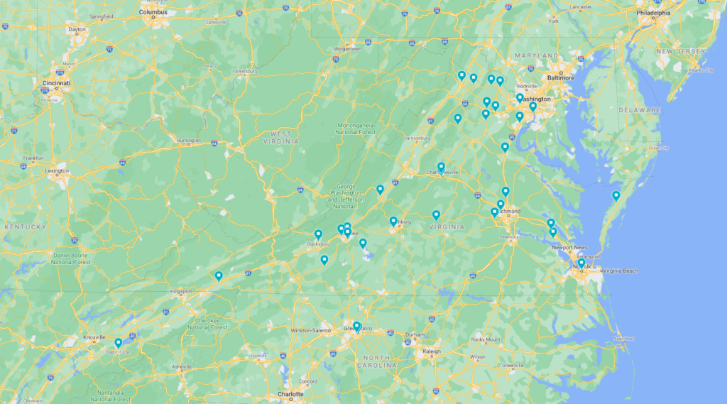 a map of the eastern United States focused on Virginia with multiple pins that represent places to visit