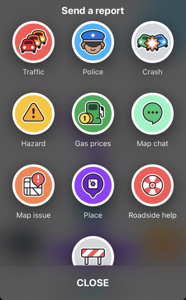 a screenshot of the Waze reporting main page, which allows users to select what issue is stalling traffic
