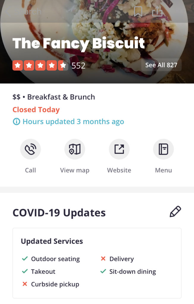 a screenshot of Yelp reveals the Fancy Biscuit is highly rated and has outdoor seating