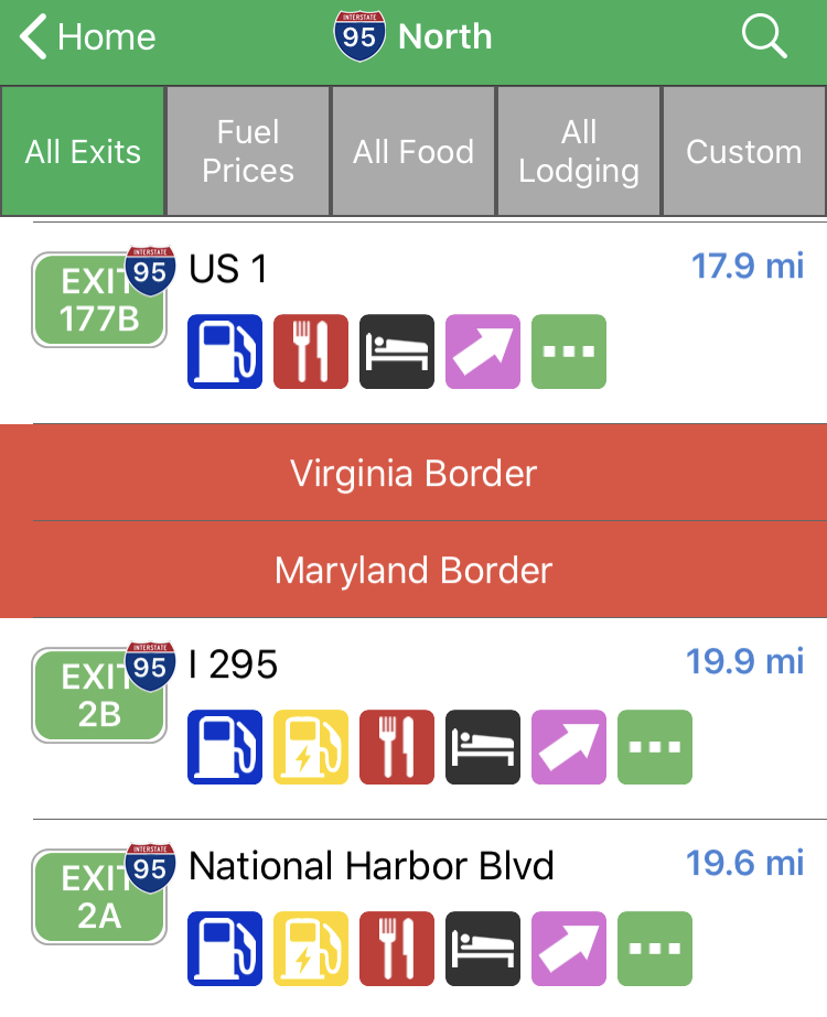 a screenshot of iExit shows the Virginia/Maryland border approaching