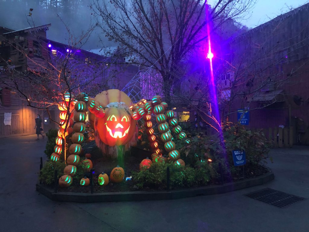 a spider made entirely out of jack-o-lanterns smiles in the plaza