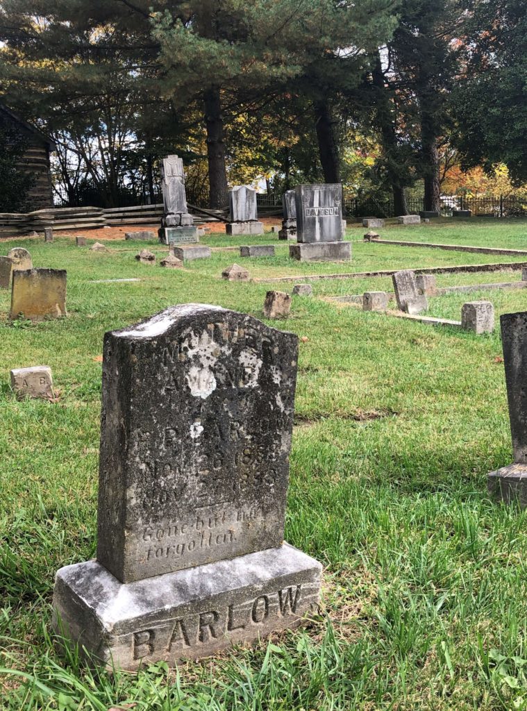 A close-up look at the aging headstones at Sinking Spring Cemetery in Abingdon, Virginia. The names Barlow and Davidson are visible on two of the headstones.