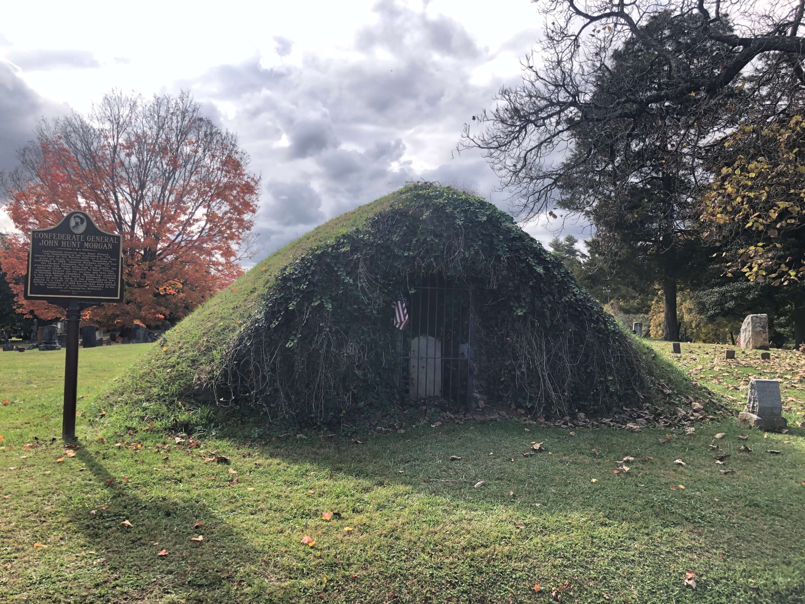 An ivy-covered mound holds the tomb of Malinda and John Henry Martin in Sinking Spring Cemetery (Abingdon, Virginia).