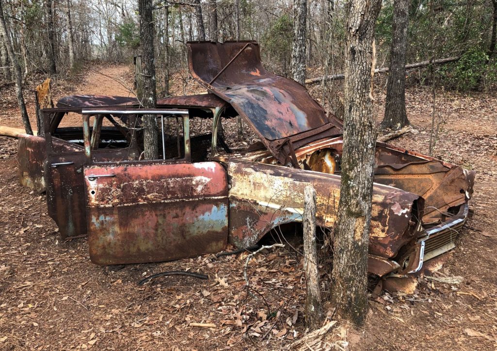 an antique car is rusted and breaking down as plants grow through it
