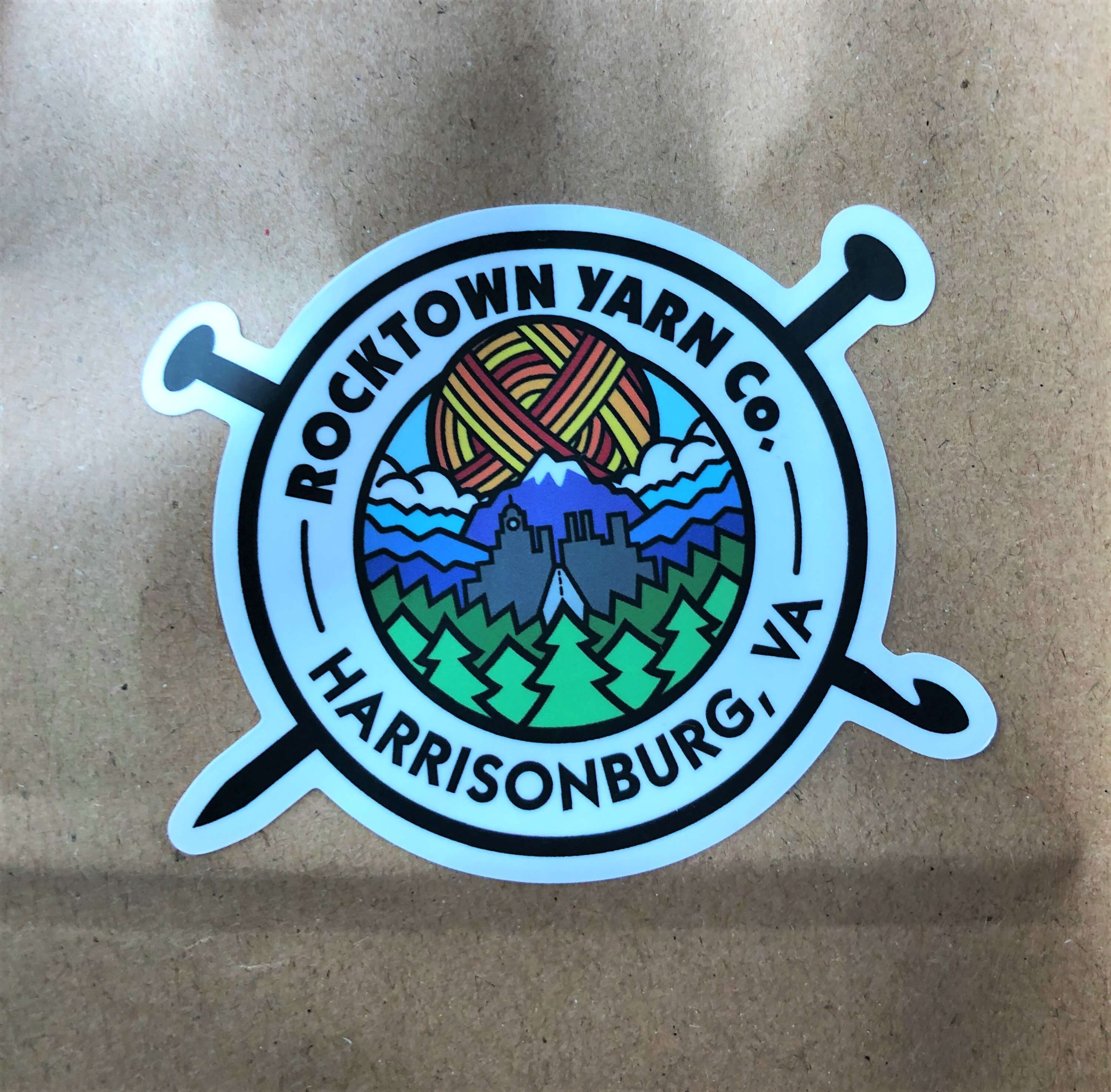 a Rocktown Yarn logo sticker reads "Rocktown Yarn Co. - Harrisonburg, VA" and shows a sun skein rising over a city