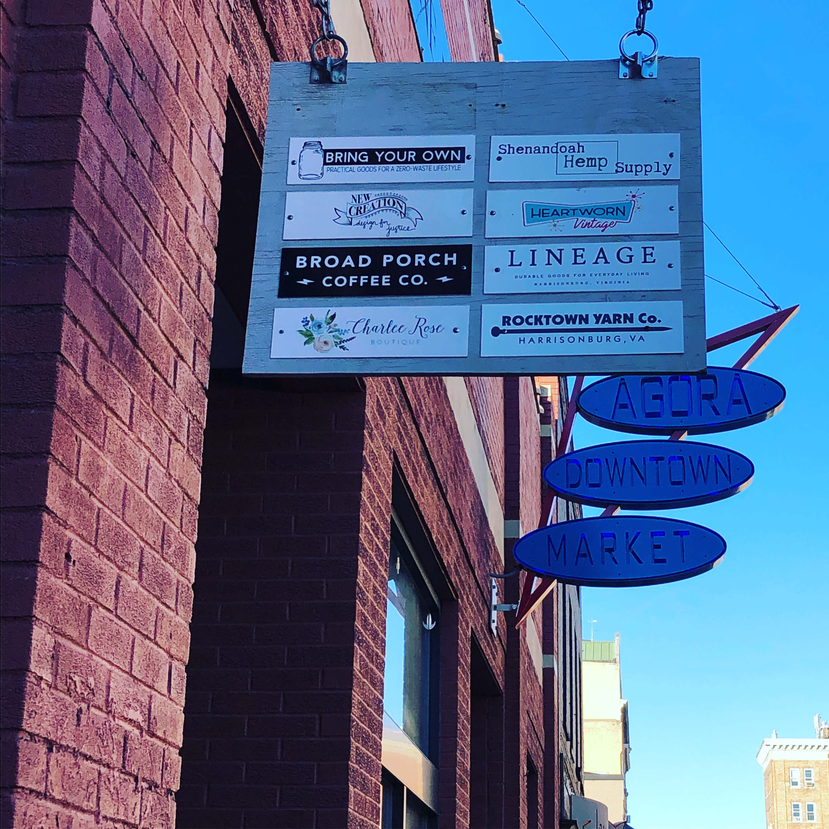 a sign lists the shops in the Agora Downtown Market in Harrisonburg, Virignia