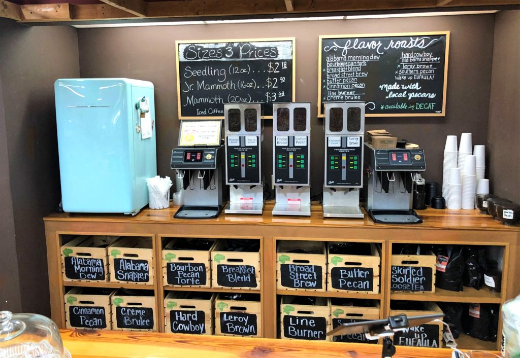 Large Mouth Coffee Co. features blends like Alabama Morning Dew, Alabama Snapper, Bourbon Pecan Torte, Cinnamon Pecan, Butter Pecan, and Leroy Brown