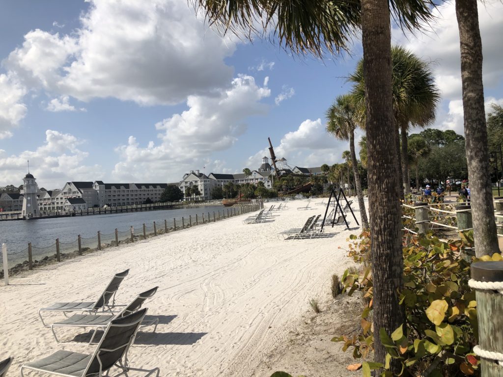 white sand beaches overlook a pier at Disney's Beach Club