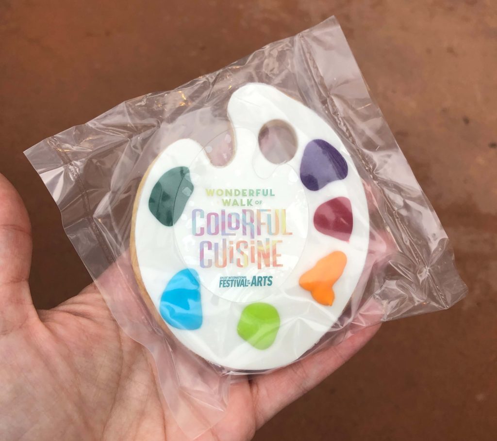 an artist's palette-shaped cookie in a package that reads "Wonderful Walk of Colorful Cuisine"