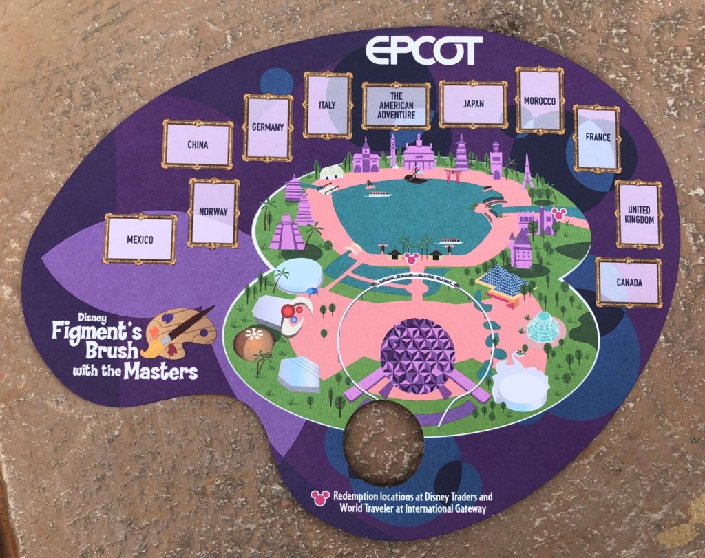 An artist's palette-shaped map of Epcot with 11 rectangular spaces for stickers