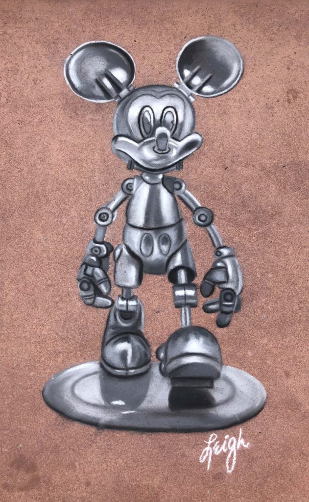 a steampunk robot style Mickey Mouse chalk art sidewalk drawing