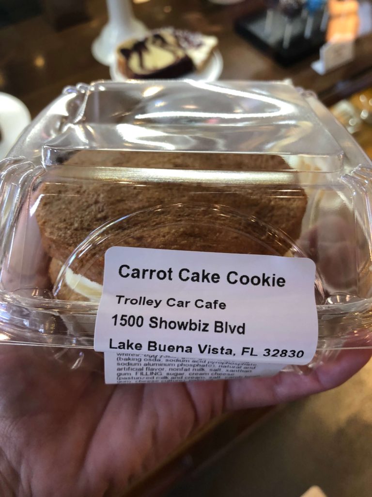 a packaged carrot cake cookie from the Trolley Car Café