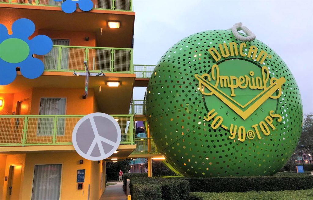 a 40-foot-tall yo-yo surrounds a stairwell in the 1960s section of Pop Century Resort