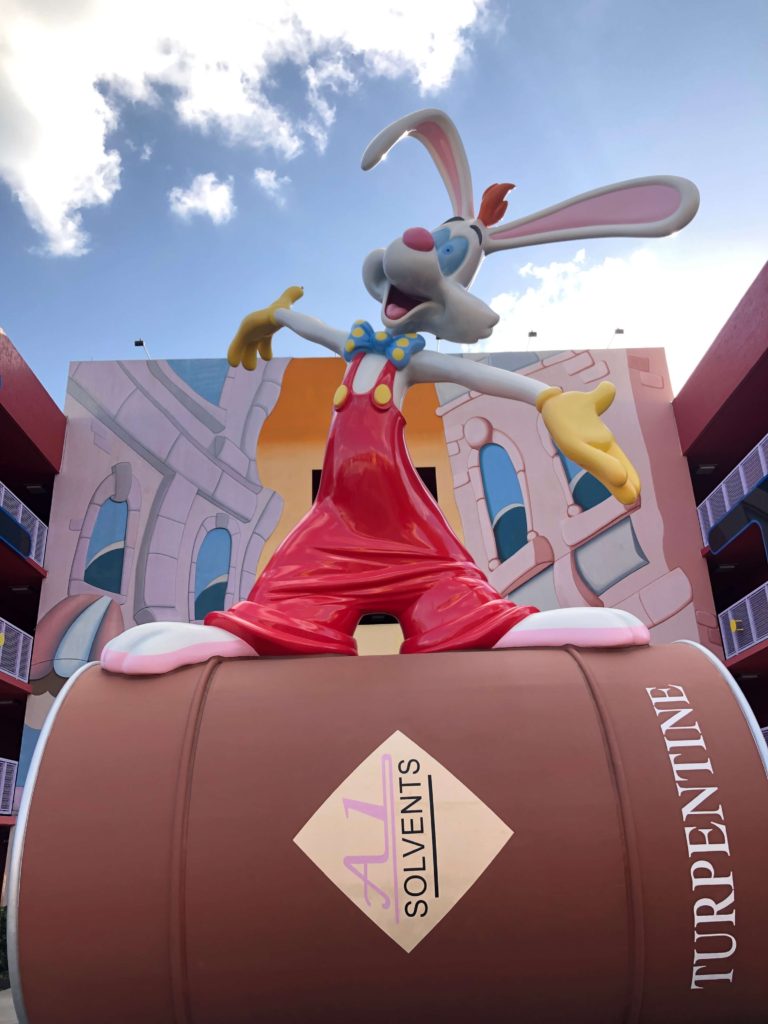 a 20-foot Roger Rabbit stands on top of a barrel of turpentine